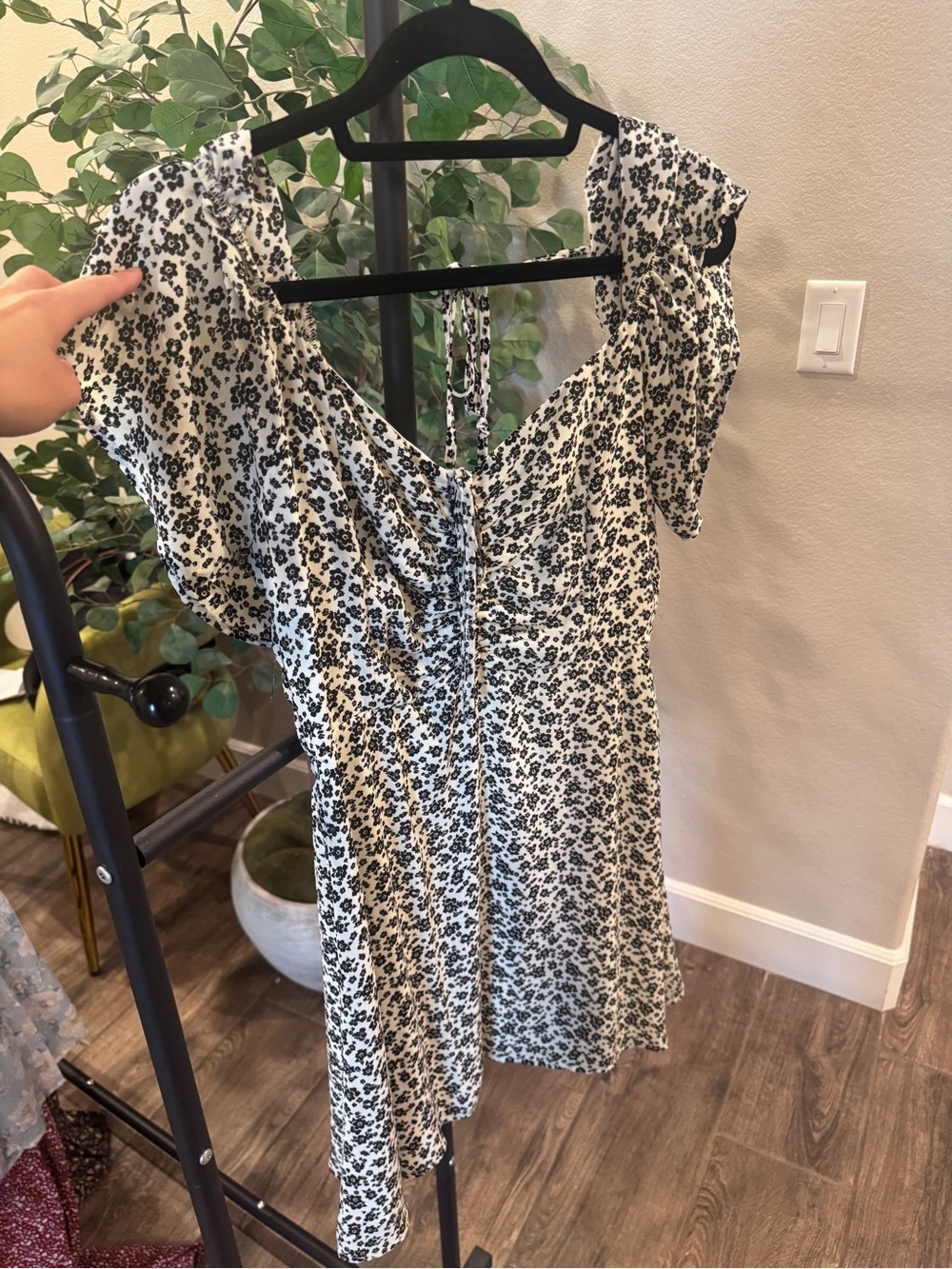 Altar'd State White and Black Floral Tie-Back Mini Dress